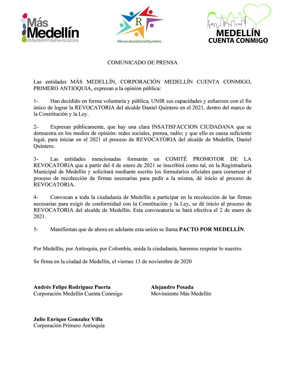 RevocatoriaDQ's tweet photo. Preparemos juntos el camino hacia el gran #PactoPorMedellin en pro de la #RevocatoriaDanielQuintero @mas_medellin @medellincuenta1 @RevocatoriaDQ @RevocoAQuintero 
Haremos respetar a Medellín y sus ciudadanos. Pendientes todos al 7 de Diciembre.
#Medellinpiderevocatoria https://t.co/V7jBXhsjBN