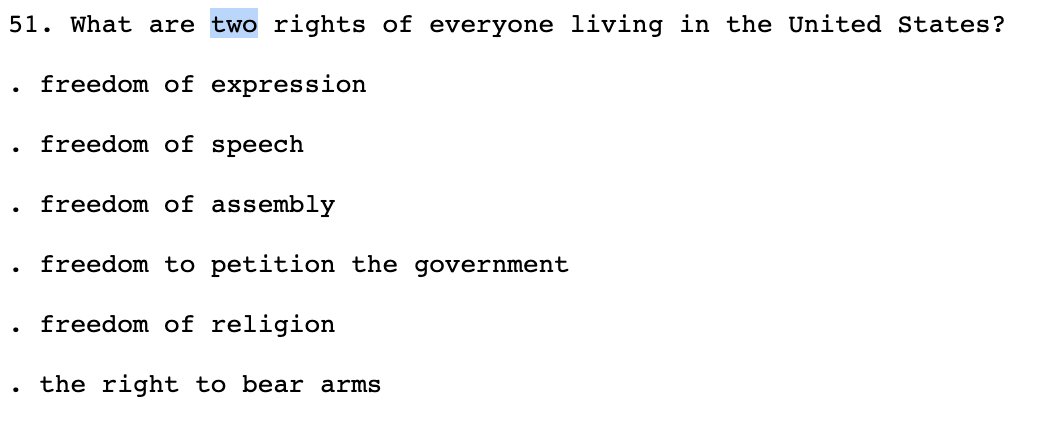 Minor change here from old test (left) to new (right) -- name three rights, rather than two