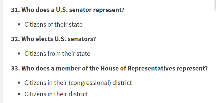 Not all the changes are benign. The answer to "Who does a US senator/congressperson represent" has been changed from "all people of the State" to "Citizens of their state."That's a BAD change. It's completely untrue and Trumpian.Old                     New