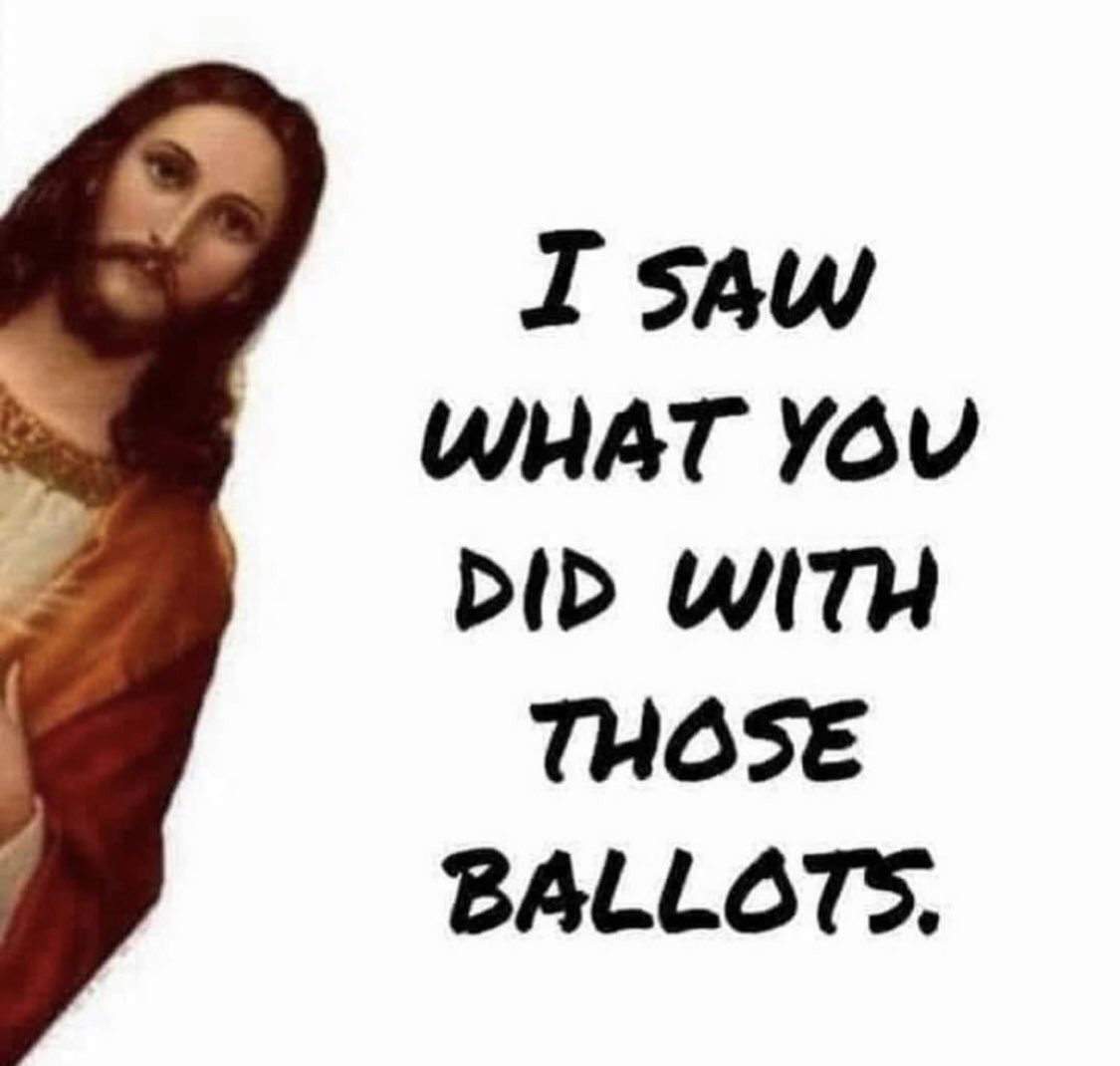 AngelTrumpette's tweet photo. “I saw what you did with those ballots.”
 - Jesus 
#ELECTIONINTERFERENCE #Ballots #ballotcount #DemocratsCheated #DominionVotingSystems #DominionGate https://t.co/rfgQoDB6I3