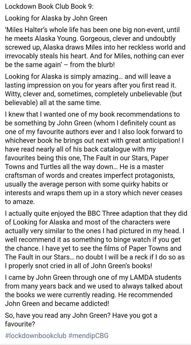 CbgMendip's tweet photo. Tonight's offering is from the amazing @johngreen for Looking for Alaska... Let me know your thoughts... #lockdownbookclub @FCBGNews @Scoobiesue2 https://t.co/unjXSScLj5