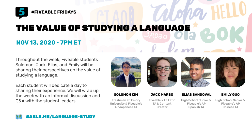 thinkfiveable's tweet photo. Want to know what itโs like to learn a language? Join us tonight at 7 PM ET to hear from Fiveable students about studying a second language. Happy #FiveableFriday! #withfiveable #thinkfiveable #languages
๐๐พ https://t.co/JzLaKTZ0Xd https://t.co/46ReoIVSiP