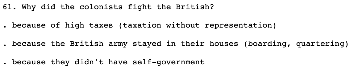 More allowable answers to revised question about why colonists fought British/declared independence from Britain. Old question/answers on left, new on right