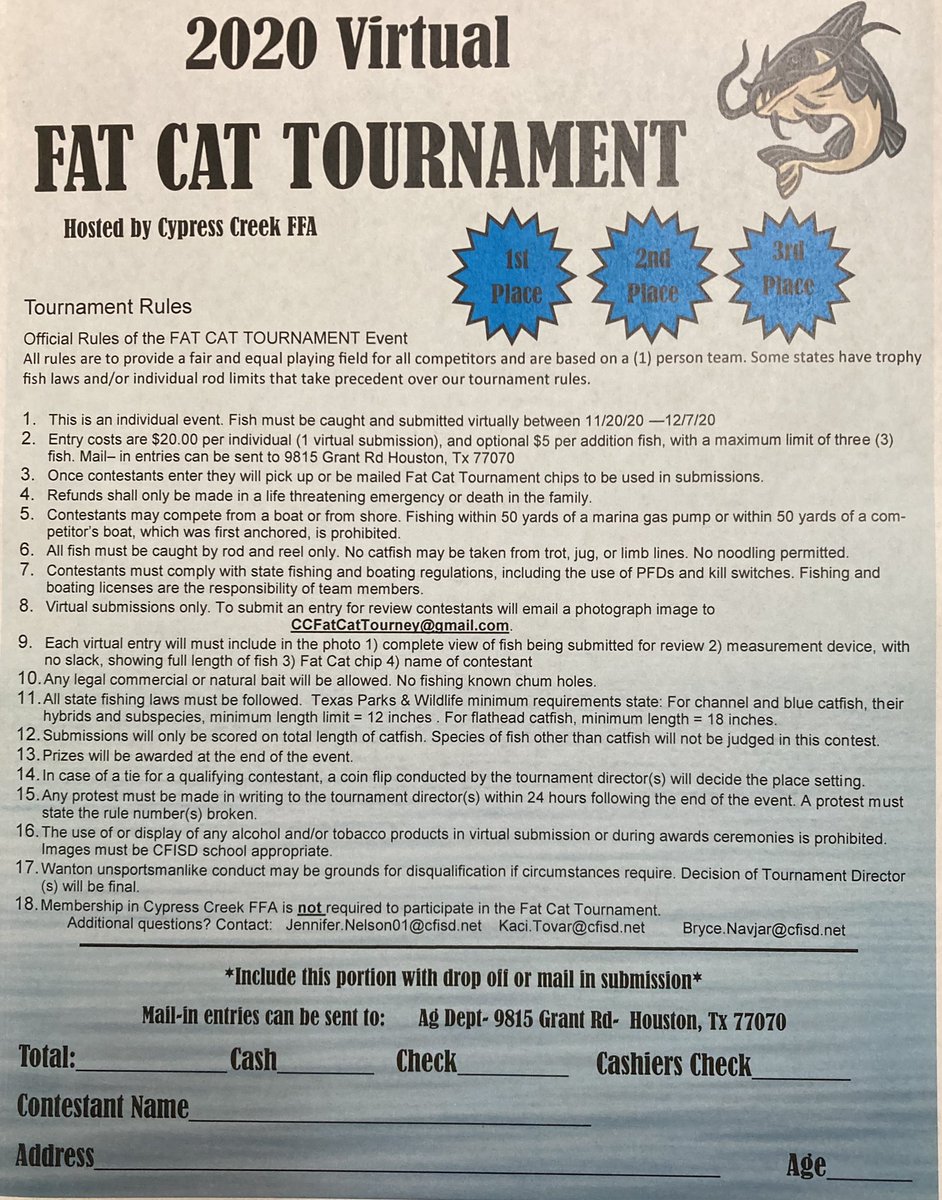 CyCreekFFA's tweet photo. FAT CAT TOURNAMENT! 
Looking forward to spending a relaxing weekend and holiday fishing while supporting the FFA 💙💛 https://t.co/3j9MgxKPg2