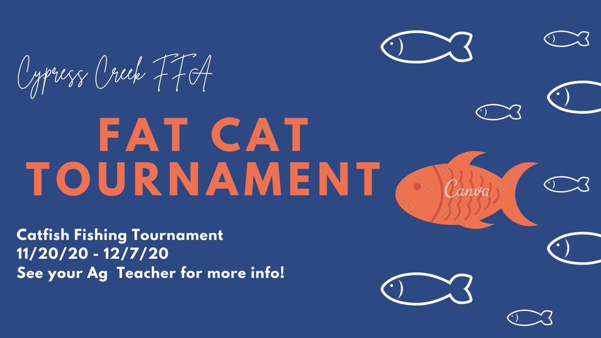 CyCreekFFA's tweet photo. Catfish fishing tournament! 🎣
Top 3 receive prizes
$20 entry, $5 each additional entry
Submit entry 11/20-12/7
Contact Ag Dept for more info! https://t.co/7Bh1rIEc1f