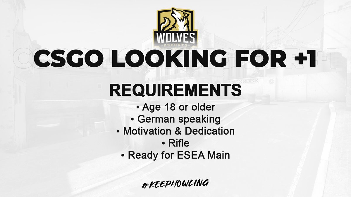 #WolvesCSGO is looking for +1!

Leagues next season:
#99Liga Division 3
#ESEA Main

For requirements see the image

If you are interested, contact <a href="/sIKKcss/">SIKK.</a> on Steam:

steamcommunity.com/id/sIKKLive/

#KeepHowling