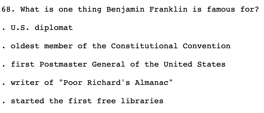 Sorry Poor Richard, your almanac is no longer an acceptable answer for q about why Benjamin Franklin is famous. Inventions now matter though! (some other changes too - old q on left, new on right)