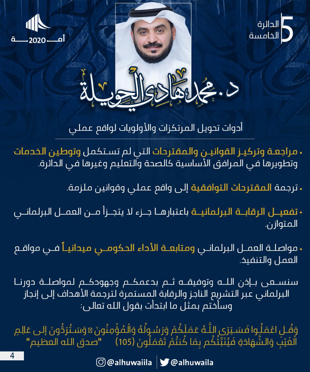 تأسيسًا على قناعتي الثابته أضع أمامكم رؤيتنا للعمل بأولوياتها وأدواتها، والتي استندت على مرتكزين الأول : مخافة الله الذي يراقب أعمالنا، والثاني : القسم الدستوري الذي يحدد مسؤوليتنا.

وأسأل الثبات والسداد وأن يوفقنا لخدمة البلاد والعباد ..