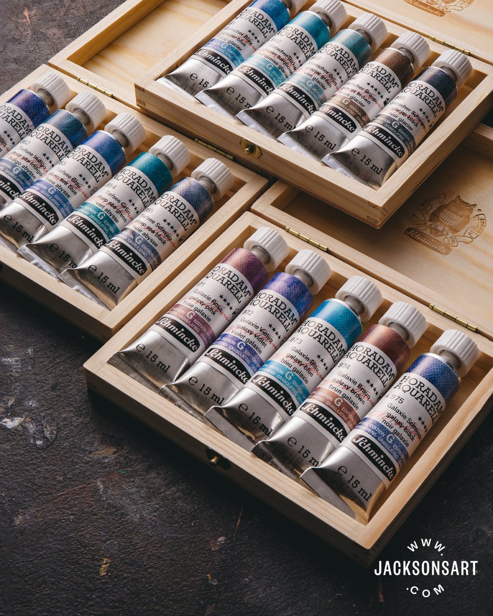 jacksons_art's tweet photo. Schmincke Horadam Super Granulation Watercolours contain unique combinations of granulating pigments, which separate &amp; settle into the paper surface for textural watercolour effects. Now available in wooden box sets exclusive to Jackson's customers:
https://t.co/EJVAAkeet7 https://t.co/9aK9seqWOP