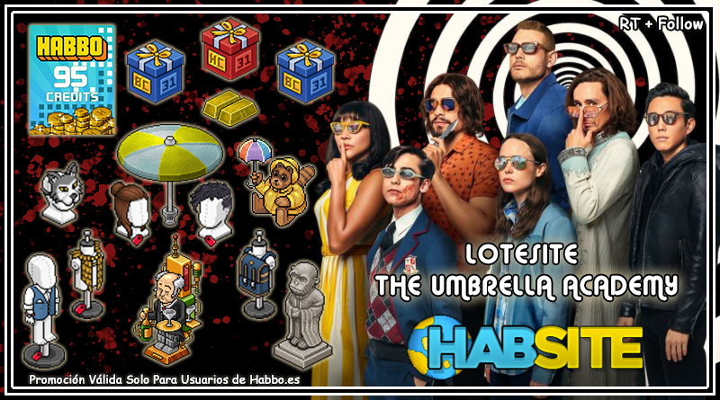 ESHabsite's tweet photo. #LotesiteUmbrellaAcademy un solo ganador de todos los premios de la imagen, solo válido para usuarios de @ESHabbo. El plazo para participar es hasta el domingo 15 de noviembre a las 22:59 HPE, requisitos en la imagen.

#Habbo #Habbogiveaway #HabboFansites https://t.co/gaYqUEYCPY