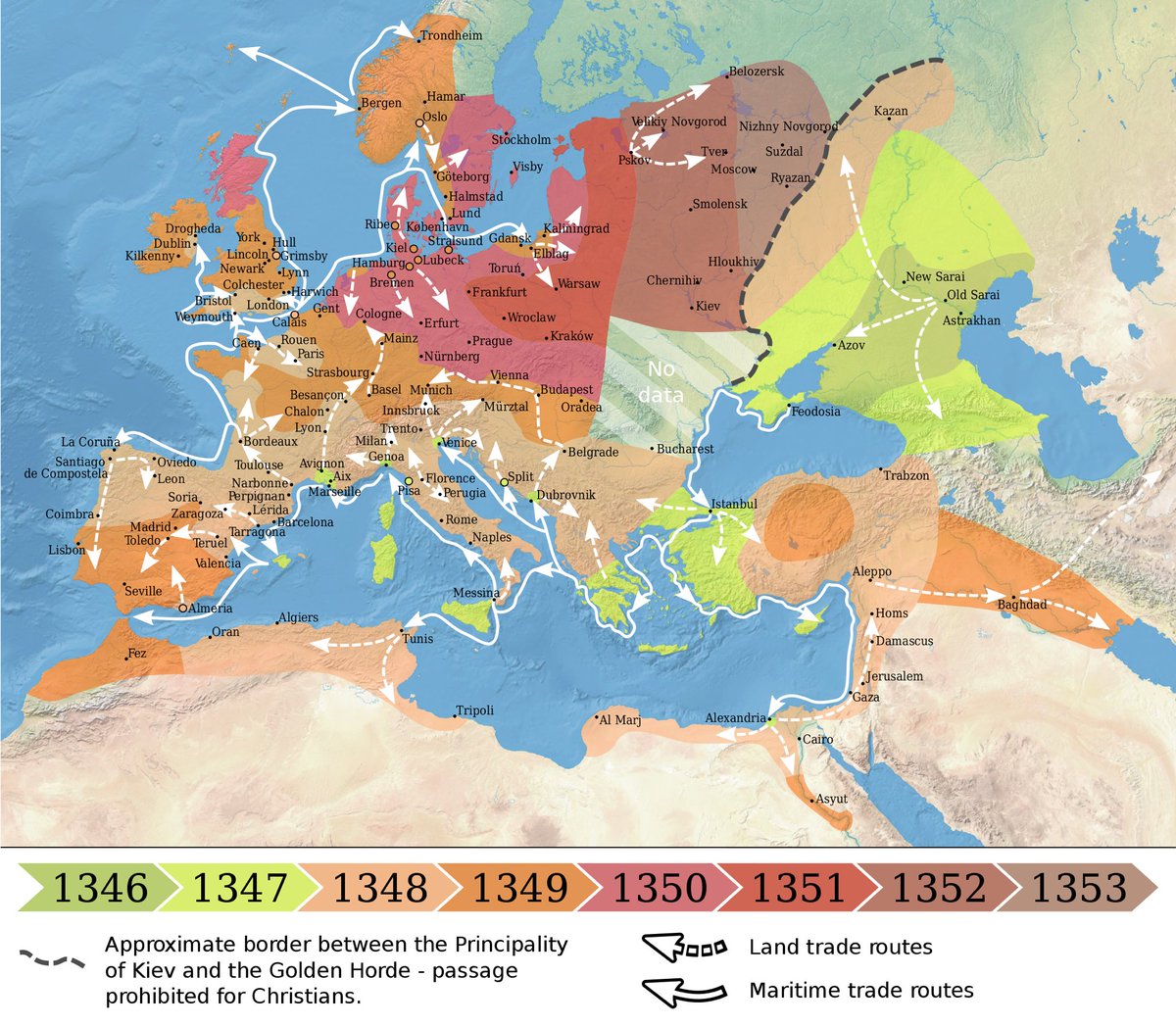 Messina in Western European history: Sicily was the first area in the Catholic Western Europe to be reached by the bubonic plague pandemic known as the Black Death, which reached the region by a Genoese ship from the Crimea which landed here in Messina in October 1347.20/n