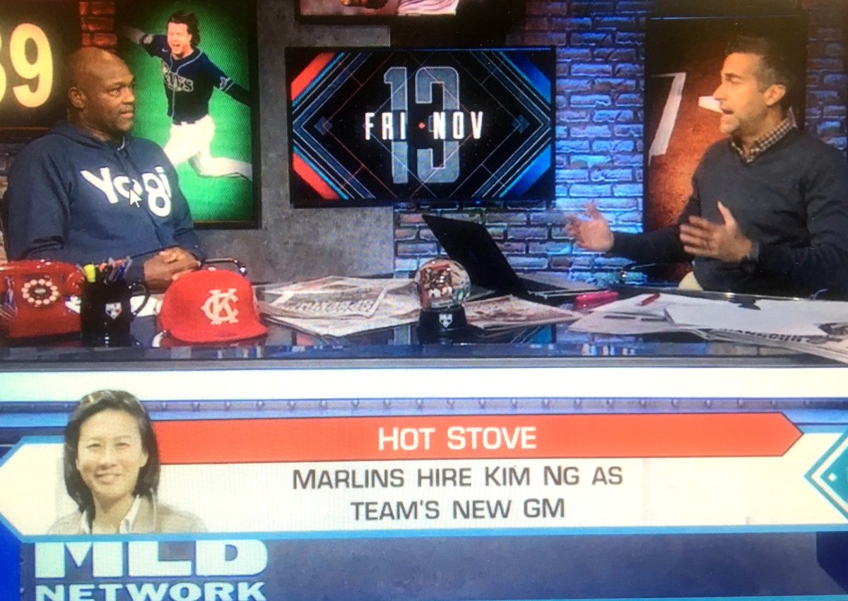 lindsayberra's tweet photo. I could not love this more. Harold Reynolds on @MLBNetwork #HotStove, talking about the #Marlins hiring the amazing Kim Ng, former #Yankees assistant GM, as the first female GM in #MLB while wearing his @Baseballism @YogiBerraMuseum hoodie! 👏⚾️❤👏 https://t.co/4MlZ9dwmIi