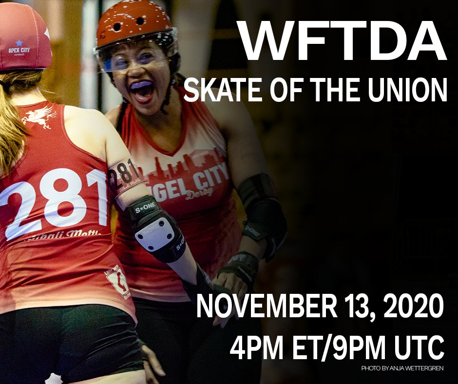 Today is the Skate of the Union on Facebook Live (&amp; our WFTDA YouTube channel) at 4p ET/9p UTC. Tune in for an address from WFTDA ED Erica Vanstone who will address a number of projects within the governing body, hot topics within the community, and layout a hopeful 2021 outlook.