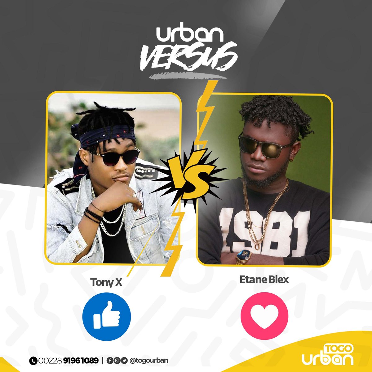 TogoUrban's tweet photo. Hello la famille!
ce soir, le challenge se porte sur 2 Poids lourds de la music #Togolais qui n'arrètent de nous émerveiller par leurs tubes.
A- Tony X
B- Etane Blex
Faites votre choix!
#TonyX #Etane #TT228 https://t.co/14dazxoTsK