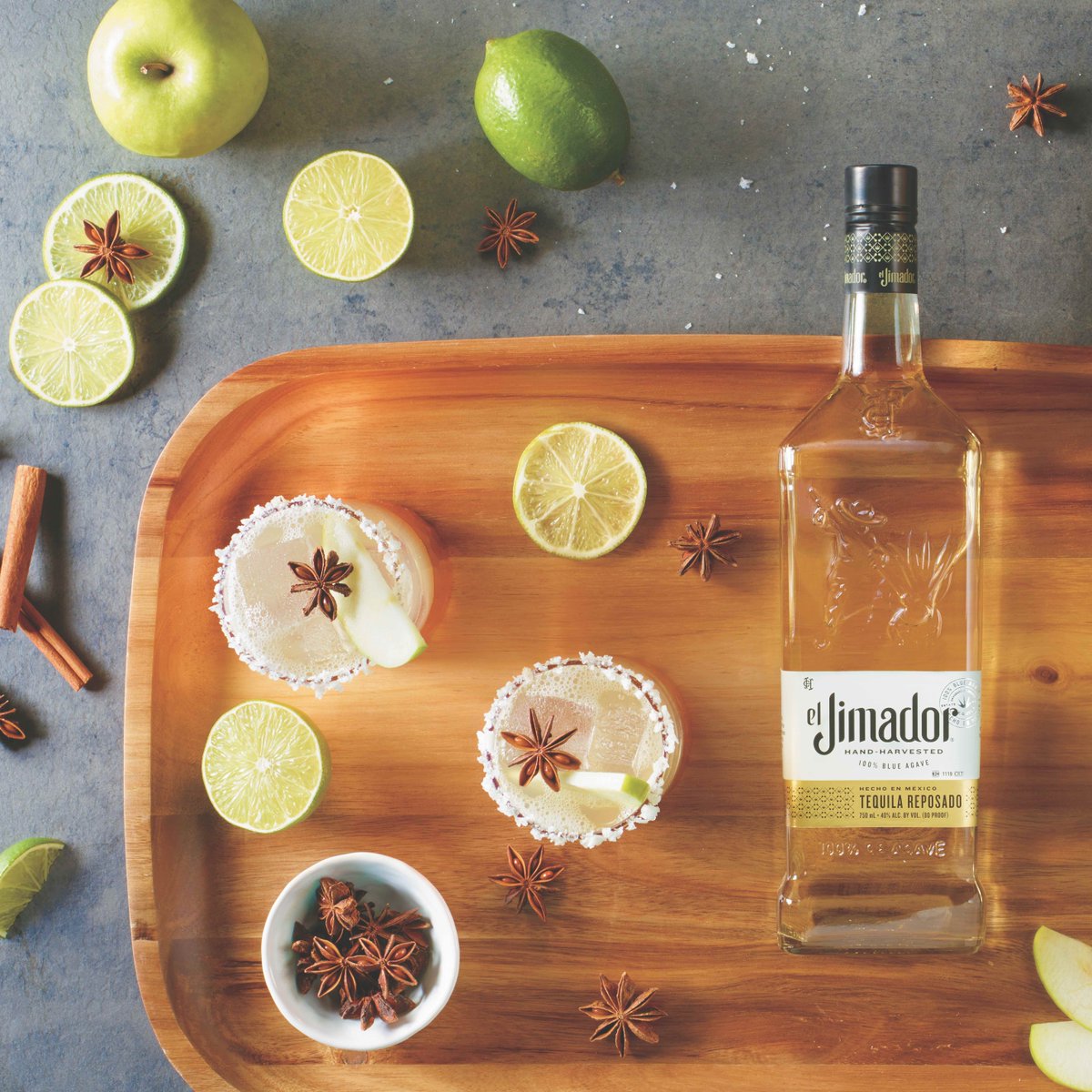 Celebrate the friends and family who deserve 100% Good Vibes and 100% Agave.

2 oz el Jimador Tequila Reposado
1.5 oz Apple Juice
0.75 oz Lime Juice
Spoonful of Agave Nectar
Dash of Ground Cinnamon
Star Anise
Apple Slice