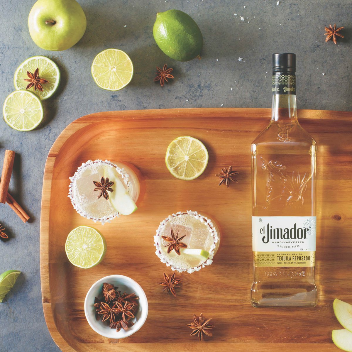 Celebrate the friends and family who deserve 100% Good Vibes and 100% Agave. 2 oz el Jimador Tequila Reposado 1.5 oz Apple Juice 0.75 oz Lime Juice Spoonful of Agave Nectar Dash of Ground Cinnamon Star Anise Apple Slice