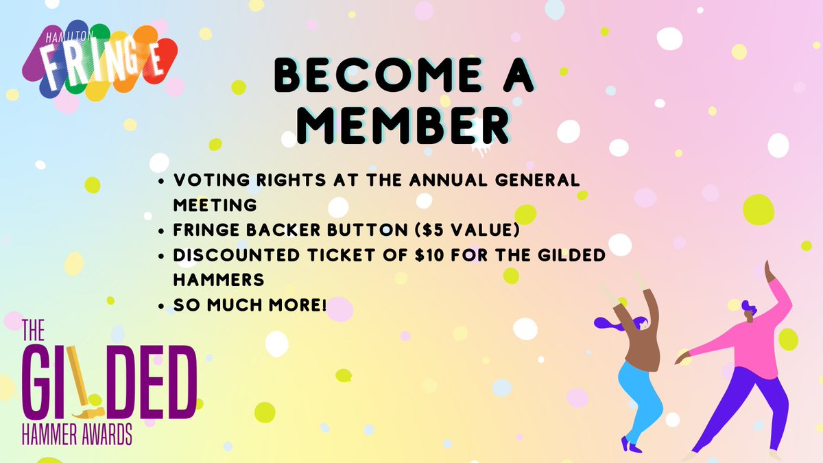 BECOME A MEMBER OF HAMILTON FRINGE!

NEW discounted ticket of $10 for The Gilded Hammers, Hamilton’s inaugural theatre awards event ($10 value)

NEW free attendance at preview events for Hamilton 
Fringe programming

SO MUCH MORE!

Check out the link in bio for more information!