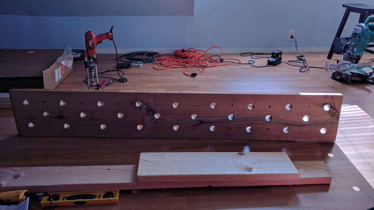DoctorBurd's tweet photo. Building a #pegboard for the #NinjaGym !

I need to countersink some holes, sand, and then stain.

The small holes you can see (if you look closely) are for t-nuts.  I'll have some #climbing holds on the pegboard as well. https://t.co/a4IW4N0RzT