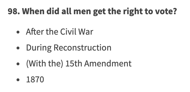 Two new questions about when men and women got right to vote (civil rights historians might dispute these answers...)