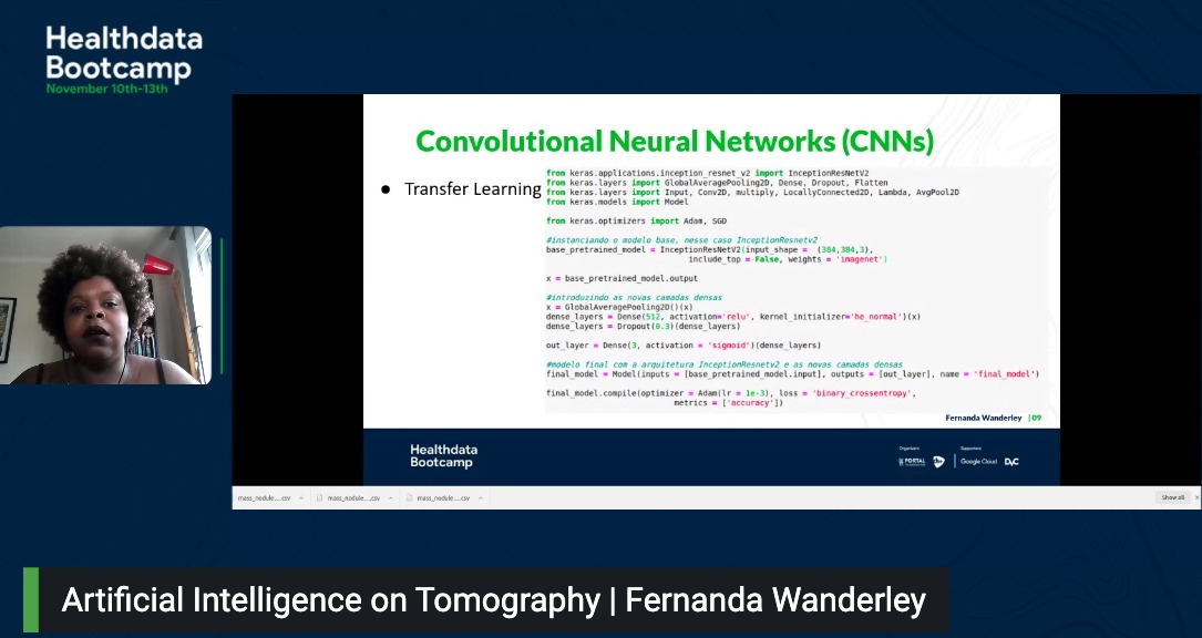 dadosesaude's tweet photo. #HealthDataBootcamp
→ Fernanda Wanderley (@nandaw) is speaking at the lecture on Artificial intelligence in CT scans with different models of neural networks like CNN and LSTM and showing the codes! https://t.co/5mWrqHjmpy