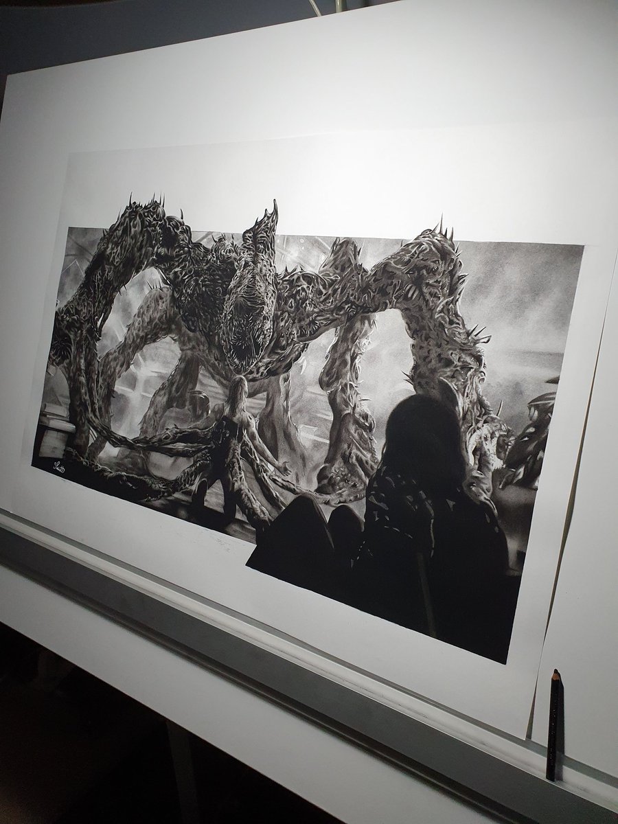 SiPIllustration's tweet photo. After 45 hours I've finally finished my A1 size @Stranger_Things charcoal pencil drawing! Such an emotionally charged scene by the amazing @dacremontgomery
&amp; @Milliestopshate 
I hope you like it?
As an Amateur Artist each Comment Like &amp; Retweet means the world to me ❤ thank you! https://t.co/yHxRVZCMAP