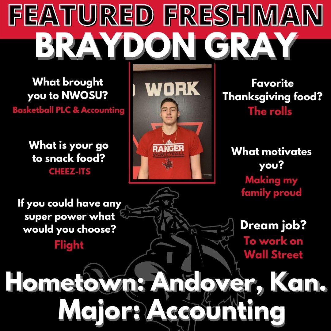 It’s our favorite day of the week, FEATURED FRESHMAN FRIDAY! 🌟

This week highlights Braydon Gray! 
Braydon is an Accounting student from Andover, KS. 

He is a member of PLC and the men’s basketball team. 

Braydon, we are so glad you chose Northwestern! 

#RRR #nwosu
