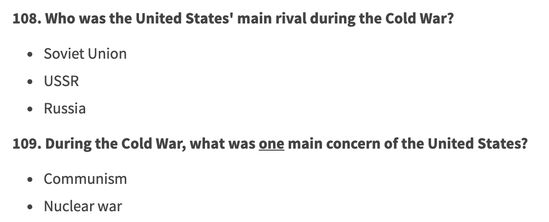 Reframing of question (now questions plural) about the Cold War -- what were we concerned about, and who was our rival. Old test question on left, new test questions on right.