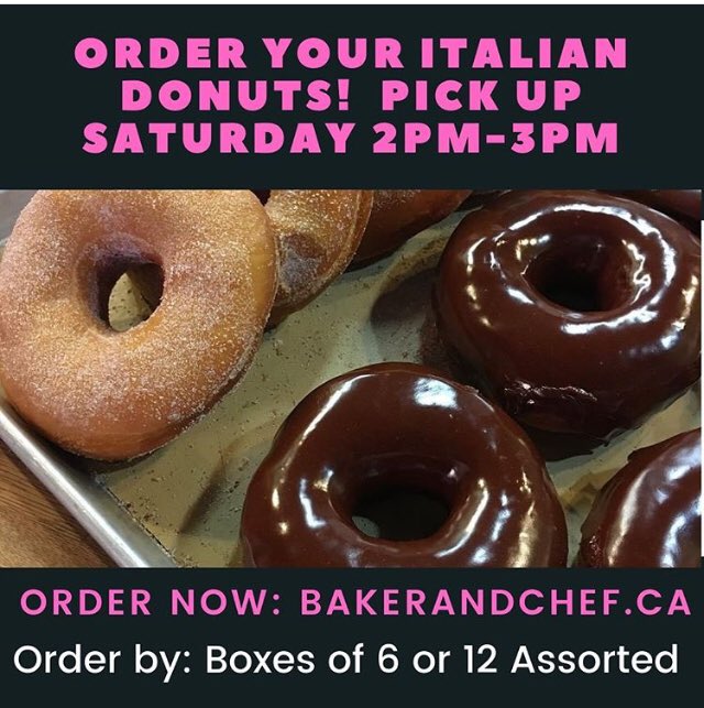 iamchefcarm's tweet image. These are big dense soft European style donuts (ciambelle style). Today is the last day to order for tomorrow’s order pick up. @BakerandChefTO