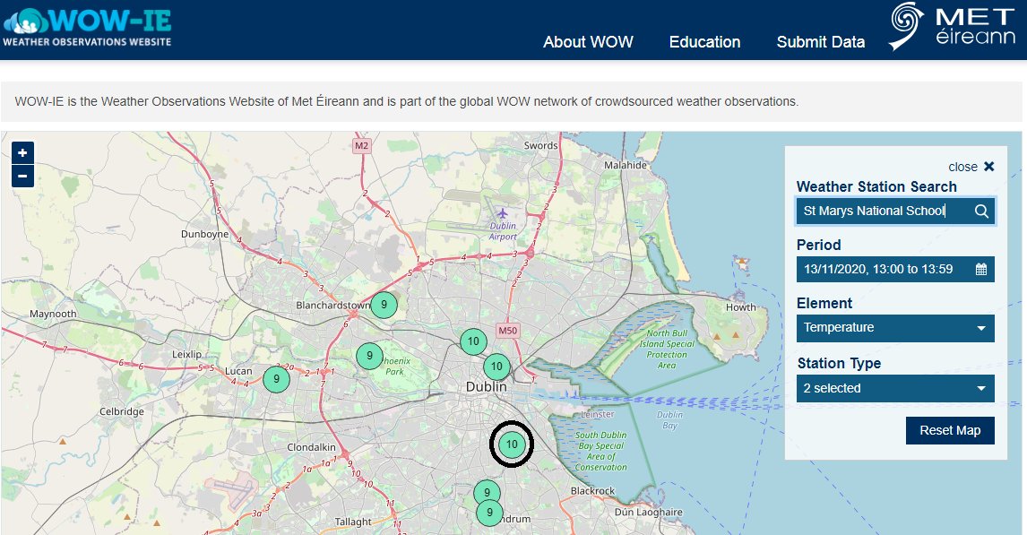 MetEireann's tweet photo. We're thrilled to see the first school in Ireland on the WOW-IE map 🥇 St. Mary’s National School in Donnybrook, Dublin 4👏! 👀👉 https://t.co/qSjCUWu0wX
Evelyn Cusack visited the school today &amp; met the students at their weather station 👉 https://t.co/wXoAHuHLLS #ScienceWeek2020 https://t.co/Yl9kRyrgrE