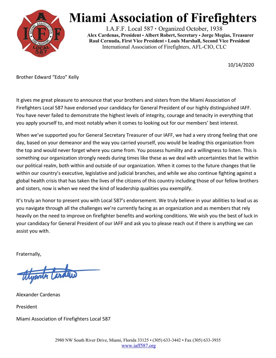 "You have never failed to demonstrate the highest levels of integrity, courage, and tenacity in everything that you apply yourself to."
Thank you Miami Firefighters and Paramedics - Local 587! <a href="/IAFFLOCAL587/">Miami Firefighters</a> #OurIAFF #TakeBackOurUnion