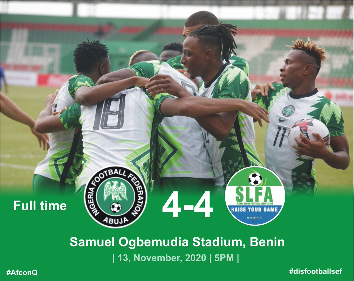 TodayFM951's tweet photo. BREAKING

Nigeria Super Eagles lost a 4-0 home lead to Leone Stars of Sierra Leone to end 4-4 in the 2021 AFCON qualifier, which is the first time the Sierra Leone national team have scored 4 goals away from home in their Football history since 1949 https://t.co/n2e1aDVNji