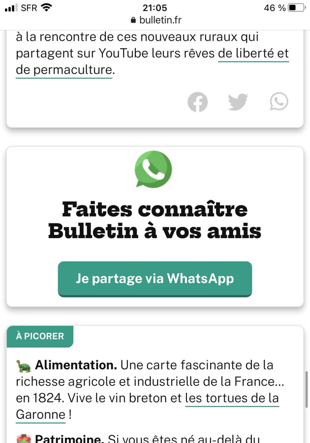Inversement, je teste en parallèle la recommandation depuis Bulletin (via Facebook ou WhatsApp) : les nouveaux lecteurs que je récupère par ce biais sont moins nombreux mais de très grande qualité, avec un taux d'ouverture de plus de 50% par ce canal d'acquisition.