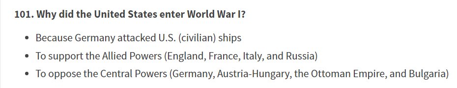 Although there's no longer a question on why the Civil War happened, there is a new question on why World War I happened, and the answers are... very simplified. Thankfully the citizenship test isn't big on nuance.