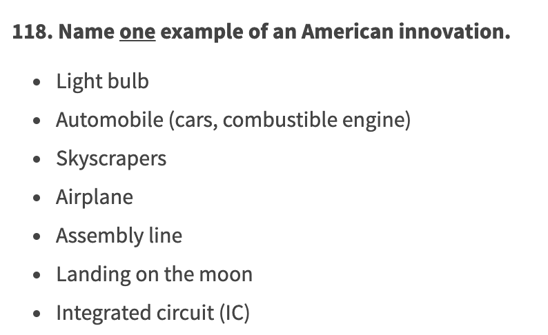 Another new question, about examples of U.S. innovation. IMHO Broadway musical, jazz, other cultural contributions should be allowable answers on this list 