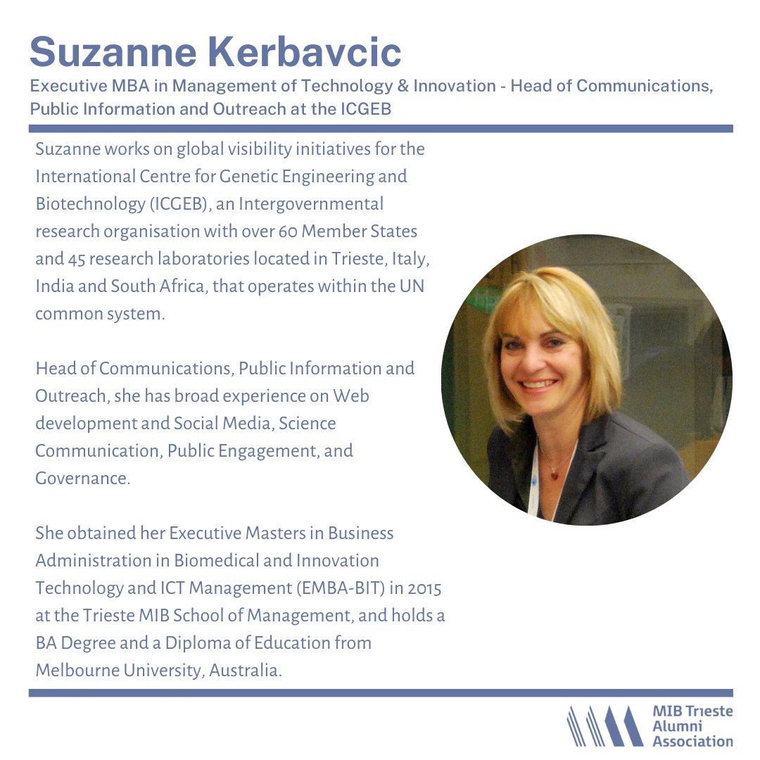 #MIBAlumni Virtual Reunion | #Nov21st 2020
ALUMNI STORIES. Let's "interview" the speakers!
It’s time to find out more about the MIBAlumni that will be present on our virtual stage!
Today we introduce Suzanne Kerbavcic!
👉Register now: mib.edu/en/virtual-reu… 
#MIBSpirit