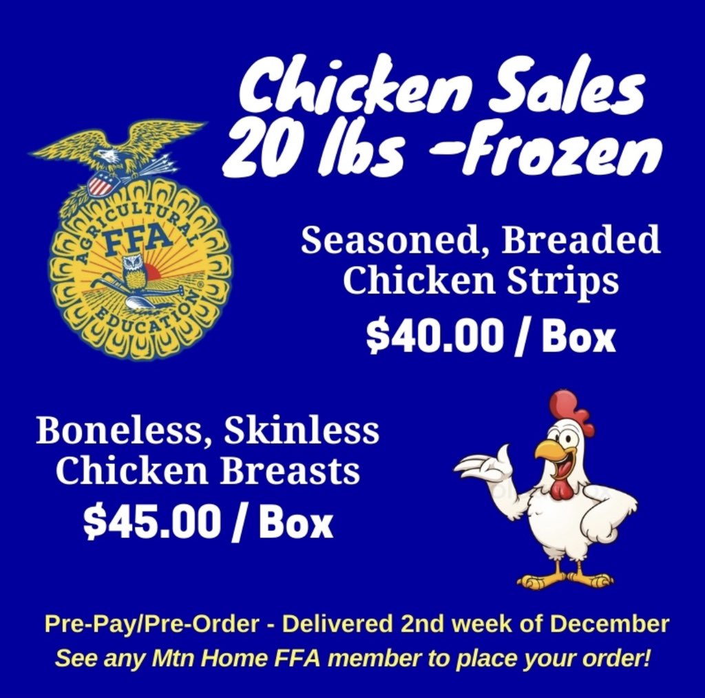 FFA Chicken Box Sales start Today <a href="/MH_FFA/">Mtn Home FFA</a> <a href="/JoshDennisBaker/">Josh Baker</a> <a href="/MHJuniorHigh/">MHJH</a> <a href="/MHHSCA/">MH Career Academies</a>