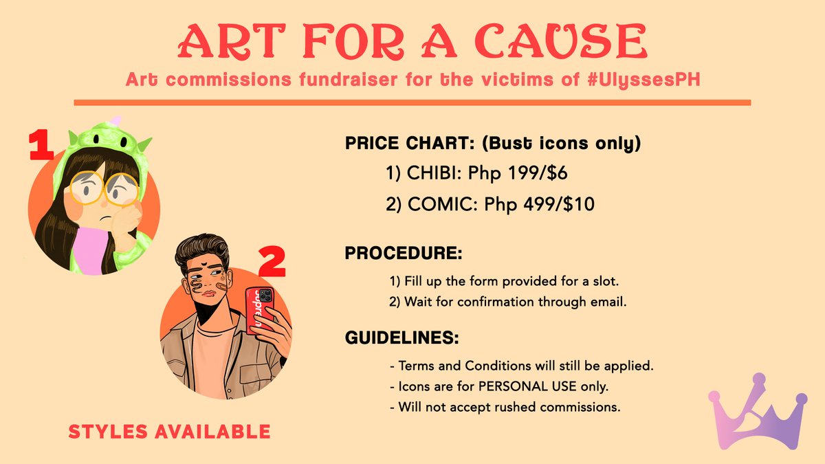 sashimich_'s tweet photo. I'm accepting art commissions for fundraising, wherein profits will be donated to legit donation drives for the victims of #UlyssesPH in exchange for an icon.

You may fill up this form to avail: https://t.co/2KXJaPQ9yQ

#artph #CagayanNeedsHelp RTs and likes appreciated! https://t.co/MF49ThBnN1