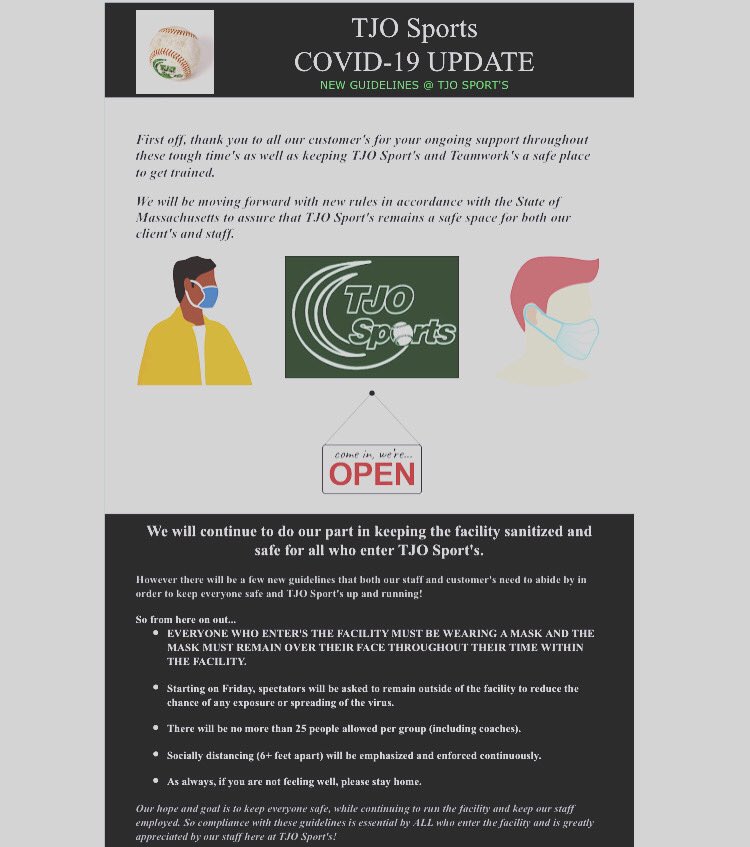 TJOsSports's tweet image. COVID-19 Guidelines @ TJO Sport’s. Please read carefully and do your part to help keep us open and more importantly to help keep everyone healthy!