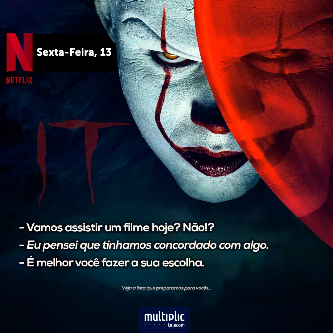 Multiplicnet's tweet photo. O que é má sorte para quem tem os melhores serviços de Internet e Streaming?
Já que você não tem medo, vamos escolher um filme ou maratonar uma série de terror?
#SextaFeira13 #13Friday #SextaFeiraTreze #Filme #Serie #Terror #Azar #Netflix #Multiplic https://t.co/j9UVF1ilBU