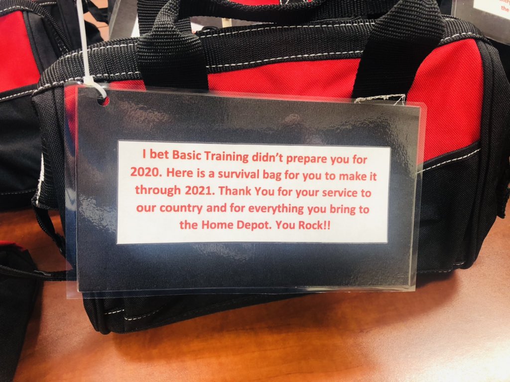 poohbayless's tweet photo. 2303 loves our Veterans. Here is the personalized 2021 survival bag for each of them. Ty for your service. #veterans2020 #boo2020 #basictraining #proudofyou @thd_young @THD_HXT @KevinZ_THD @echurchill1 @HectorAPadilla https://t.co/U1imFMcvCi