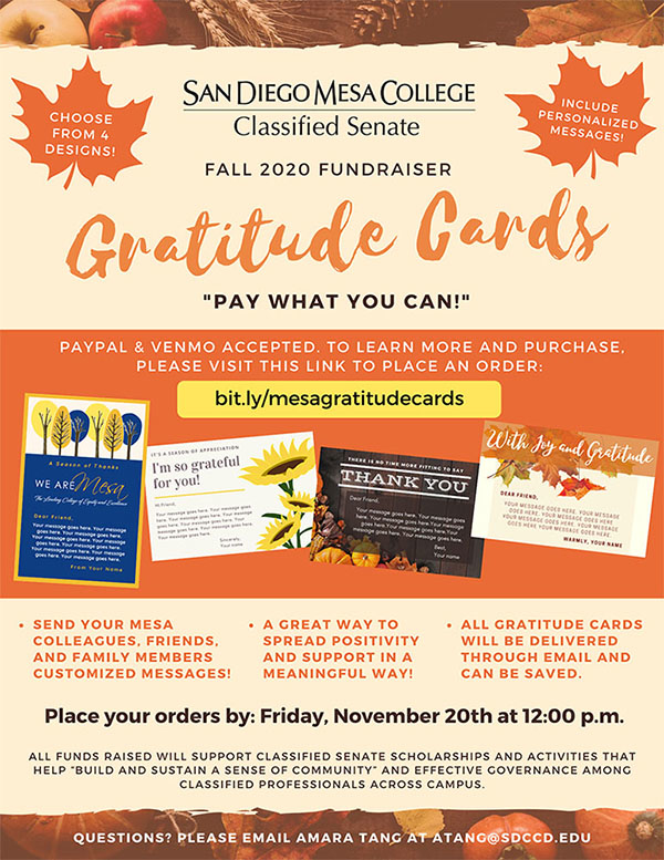 Hello Mesa Family!! 
Gratitude is the Attitude this Fall season! 
Remember that you can show appreciation for a Mesa colleague, family member, or friend through a Gratitude Card! 
bit.ly/mesagratitudec…

#Gratitudeistheattitude #ClassifiedSenate #Community