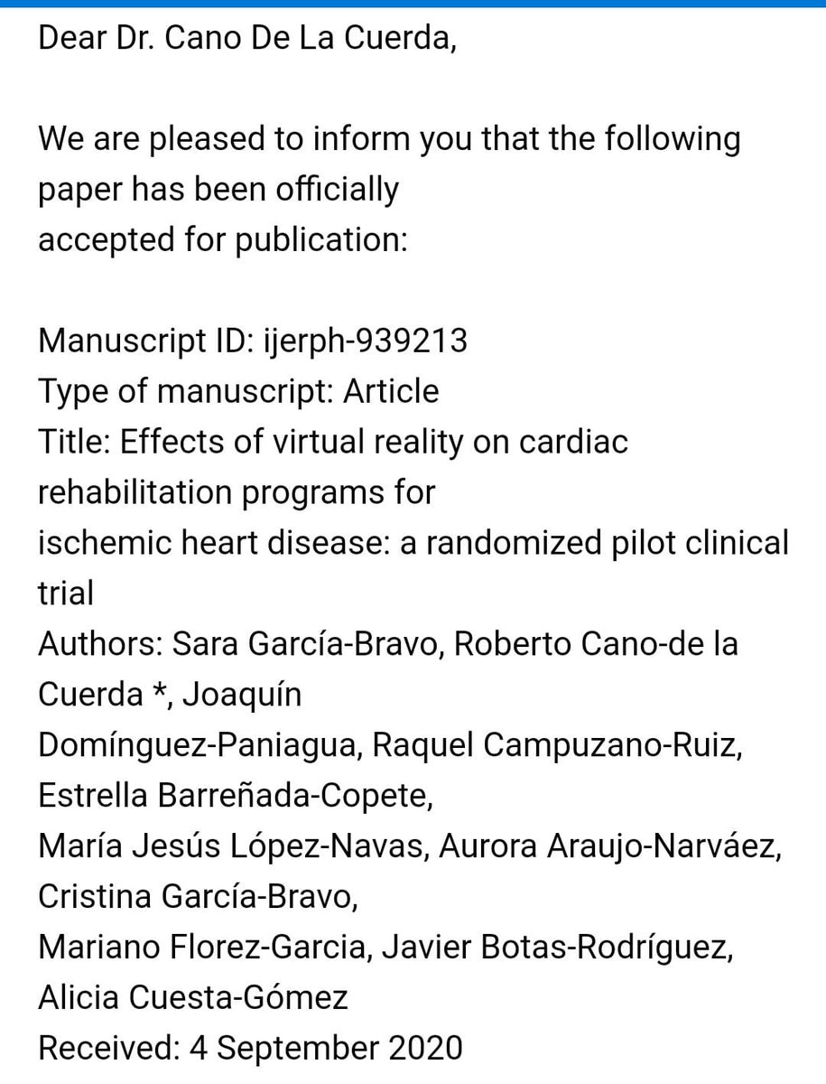 JDominguez2016's tweet photo. Aceptado en @IJERPH_MDPI  nuestro estudio piloto #hospitalalcorcon en colaboración con @urjc y @URJCFCS "Effects of virtual reality on cardiac rehabilitation programs for Isquemic heart disease". #realidadvirtual =herramienta de entrenamiento en #RehabilitacionCardiaca https://t.co/I2BuP99y4e
