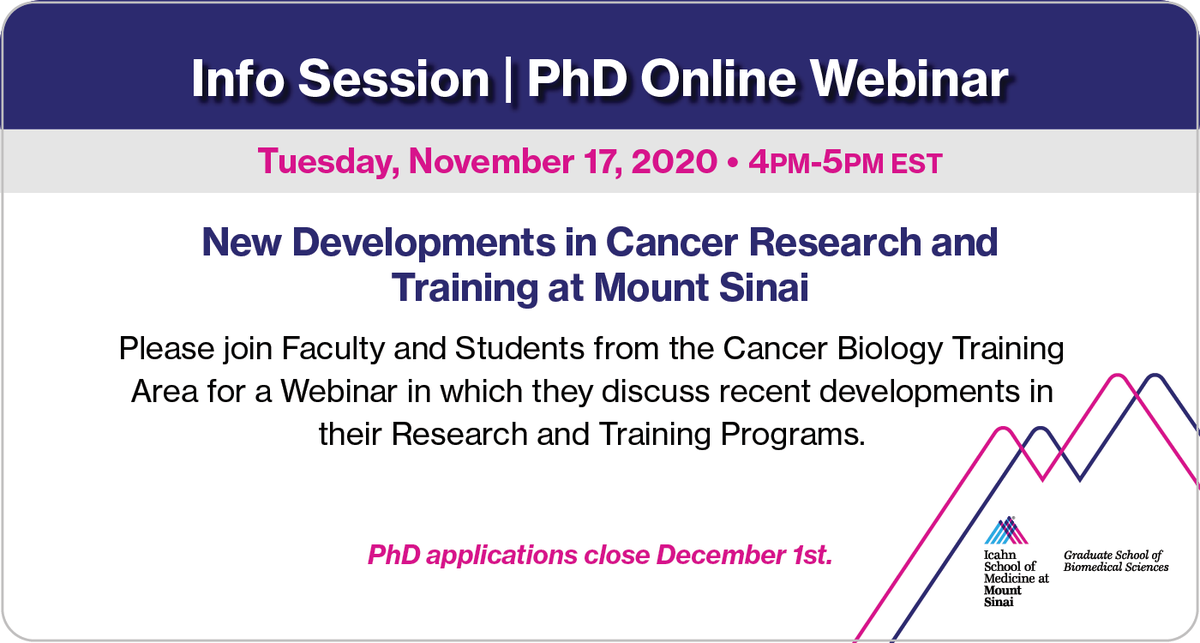 GradSchoolSinai's tweet photo. Join Us: Tuesday, Nov. 17, 2020 — 4pm-5pm EST | Faculty and Students from the Cancer Biology Training Area | Topic: Recent developments in their #Research and Training Programs. #PhD #diversity #cancer #biology @IcahnMountSinai @MountSinaiNYC Register here https://t.co/PYdIMEuP3Q https://t.co/fuANGYg0X4