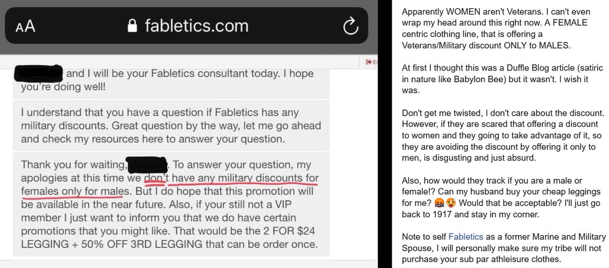 MJ_Boice's tweet photo. APPARENTLY, @Fabletics thinks only MALES serve in the military! This is what they told my friend: a FEMALE @USMC COMBAT VETERAN. #BoycottFabletics @Militarydotcom @MilitaryTimes @WeAreTheMighty @TaskandPurpose @brikeilarcnn https://t.co/E2YqxcxM2P