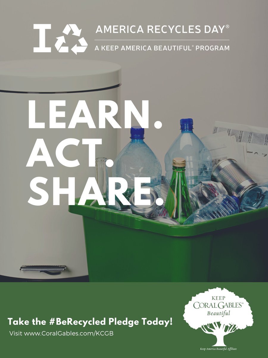 CityCoralGables's tweet photo. Did you know that the national recycling rate has increased over the past 30 years to 34%? This #AmericaRecyclesDay, learn more, take action &amp; challenge others to do the same by taking the #BeRecycled pledge: https://t.co/zQQNzEjqNt #KeepCoralGablesBeautiful https://t.co/FtfHTHriII
