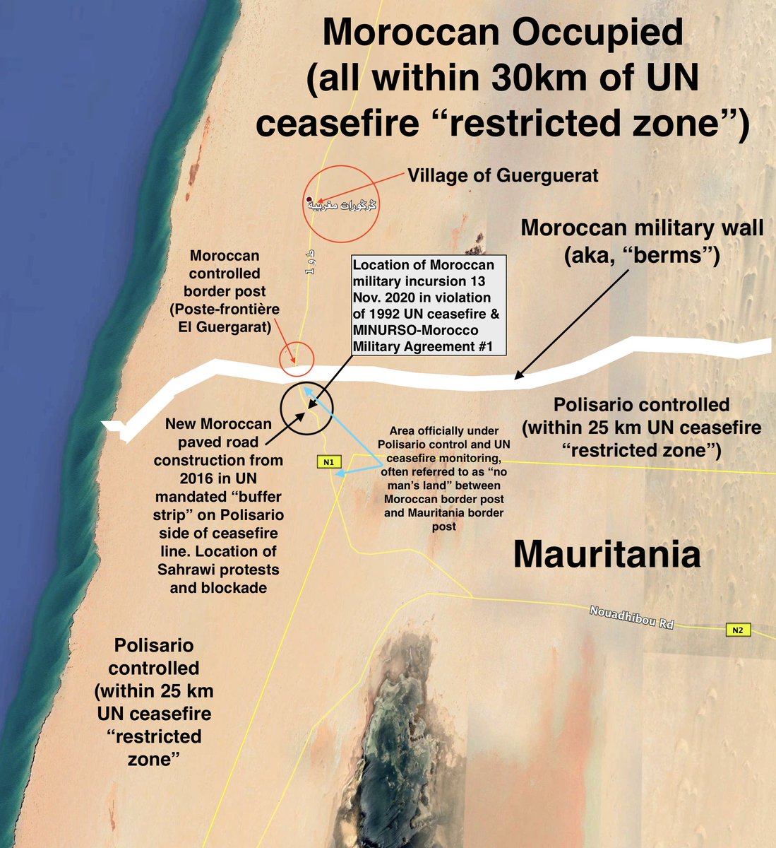 On  #Guerguerat, this map from  @MundyProf is very useful. Sahrawi protesters blocked the road between Guerguerat and Nouadhibou. The blockade was within Polisario territory, but put pressure on crossings from both Mauritania and the Moroccan-occupied area