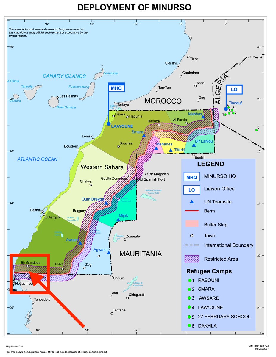 On  #Guerguerat, this map from  @MundyProf is very useful. Sahrawi protesters blocked the road between Guerguerat and Nouadhibou. The blockade was within Polisario territory, but put pressure on crossings from both Mauritania and the Moroccan-occupied area