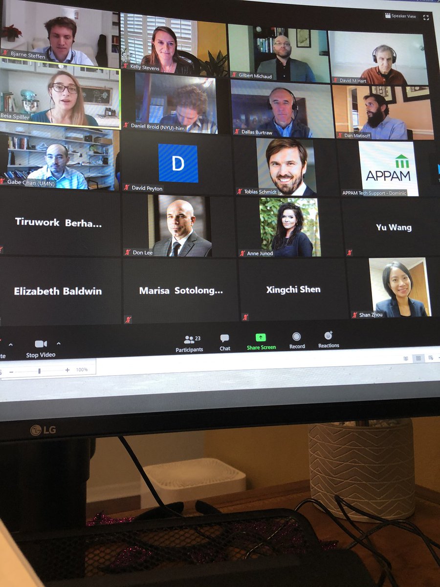 BallerKS's tweet photo. Did it really happen if there isn’t a screen shot of it happening? @APPAM_DC #APPAM2020 utility regulation panel with @BjarneSteffen @michaud_gilbert @starbeia @gabeaschan @ProfDavidHart https://t.co/R4IZyMLaMM