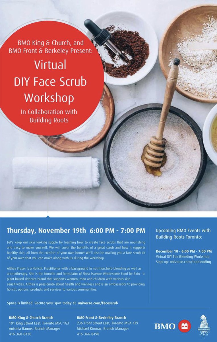 Join us for our Virtual DIY Face Scrub Workshop on Nov 19th! Learn how to create face scrubs that are nourishing and keep your skin looking fresh 🌾 
Register to receive your DIY kit: universe.com/facescrub  #bmogrowthegood