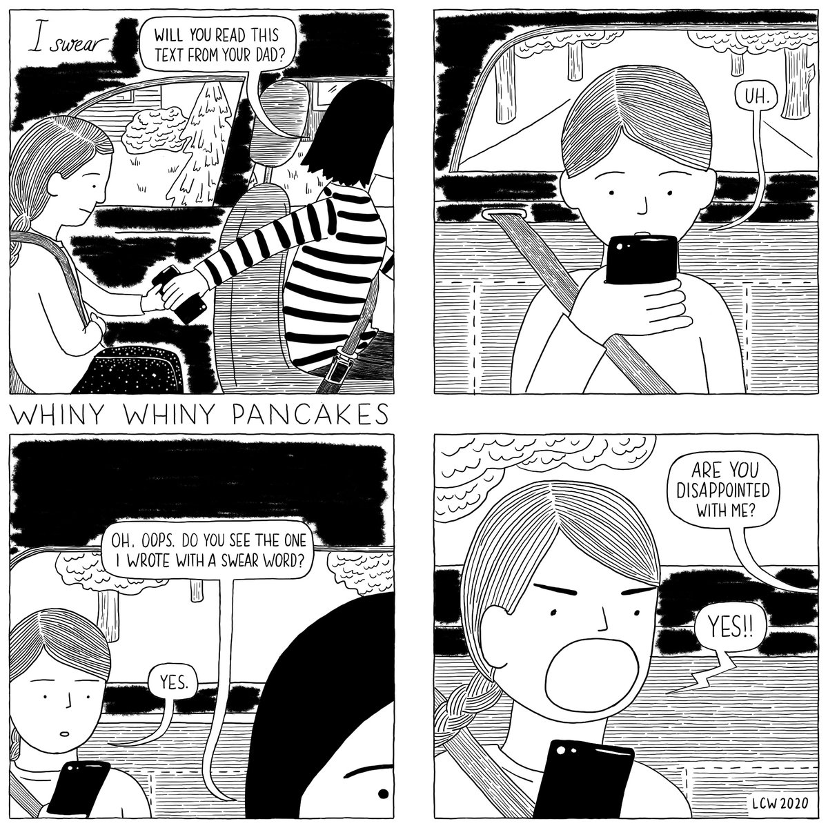 I don’t really swear around my children. But when they find out about my non-parent behaviour they’re both angry and disappointed. They expect better.

#whinywhinypancakes #webcomic